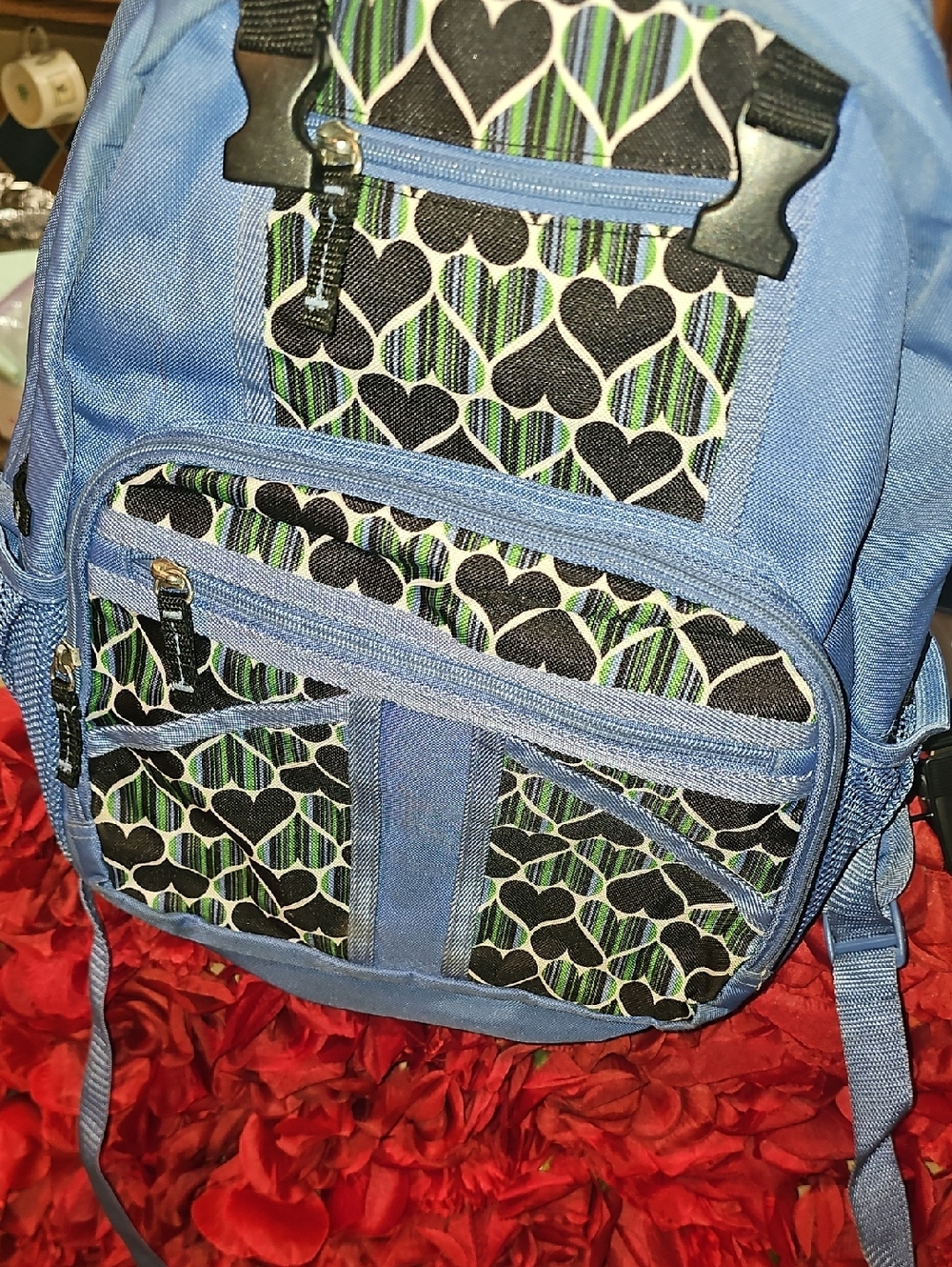 Blue With Teal Green Hearts -Print Backpack Many Pockets